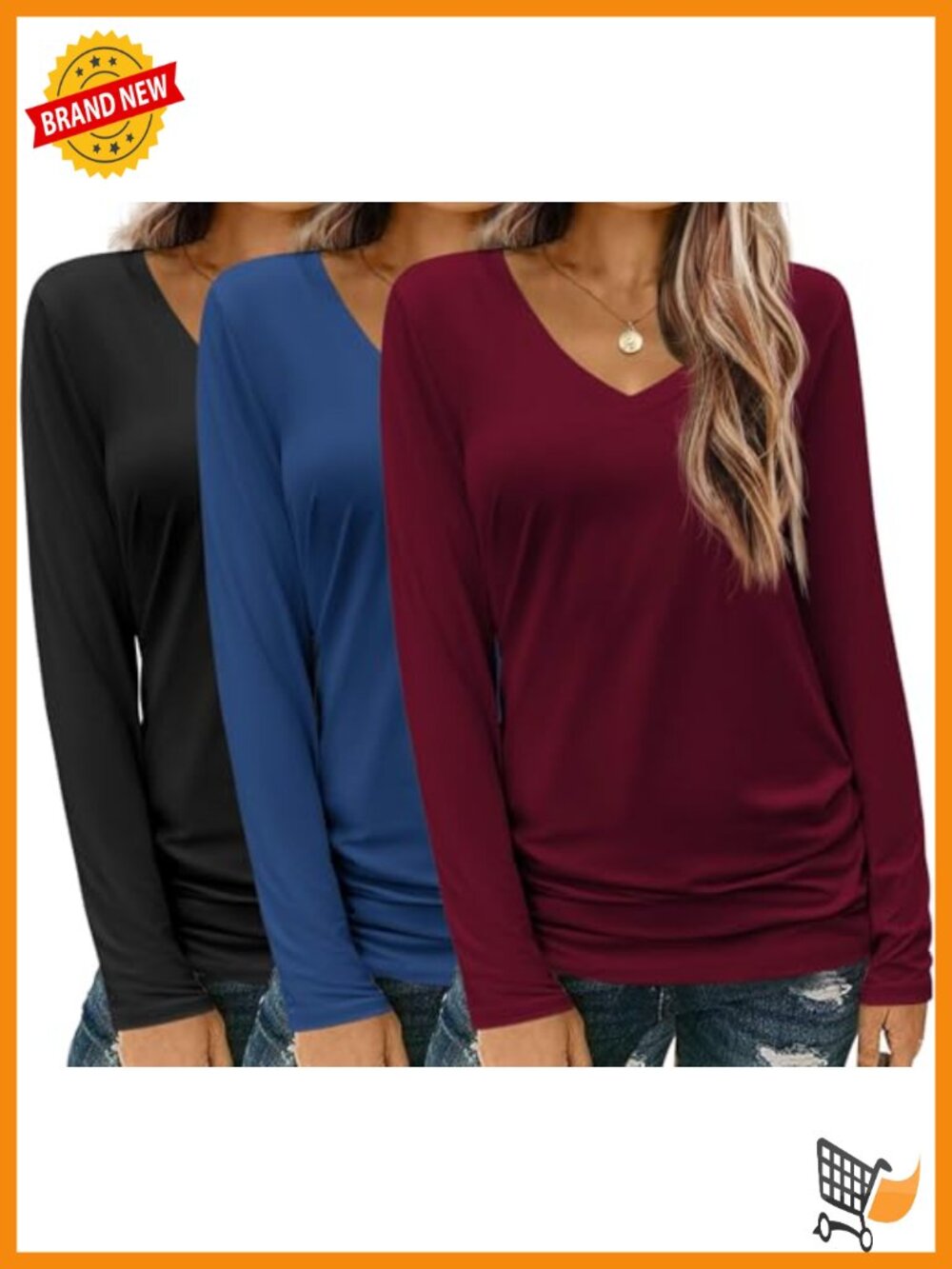 V-Neck Long Sleeve T-Shirt 3 Pack Soft Casual Fall Tee